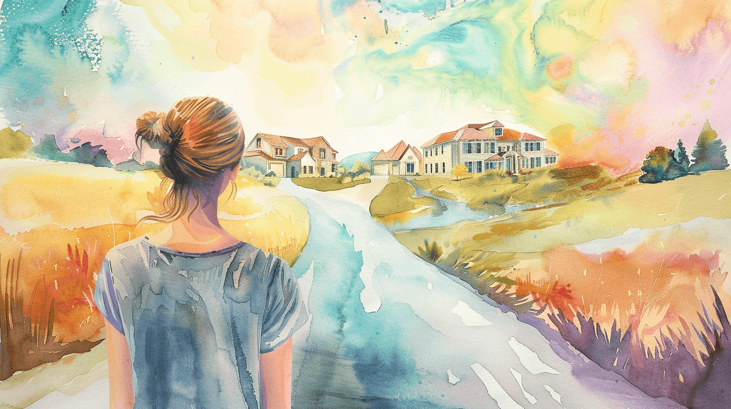 Calming illustration of a thoughtful new mother holding her baby while reflecting on postpartum OCD versus anxiety