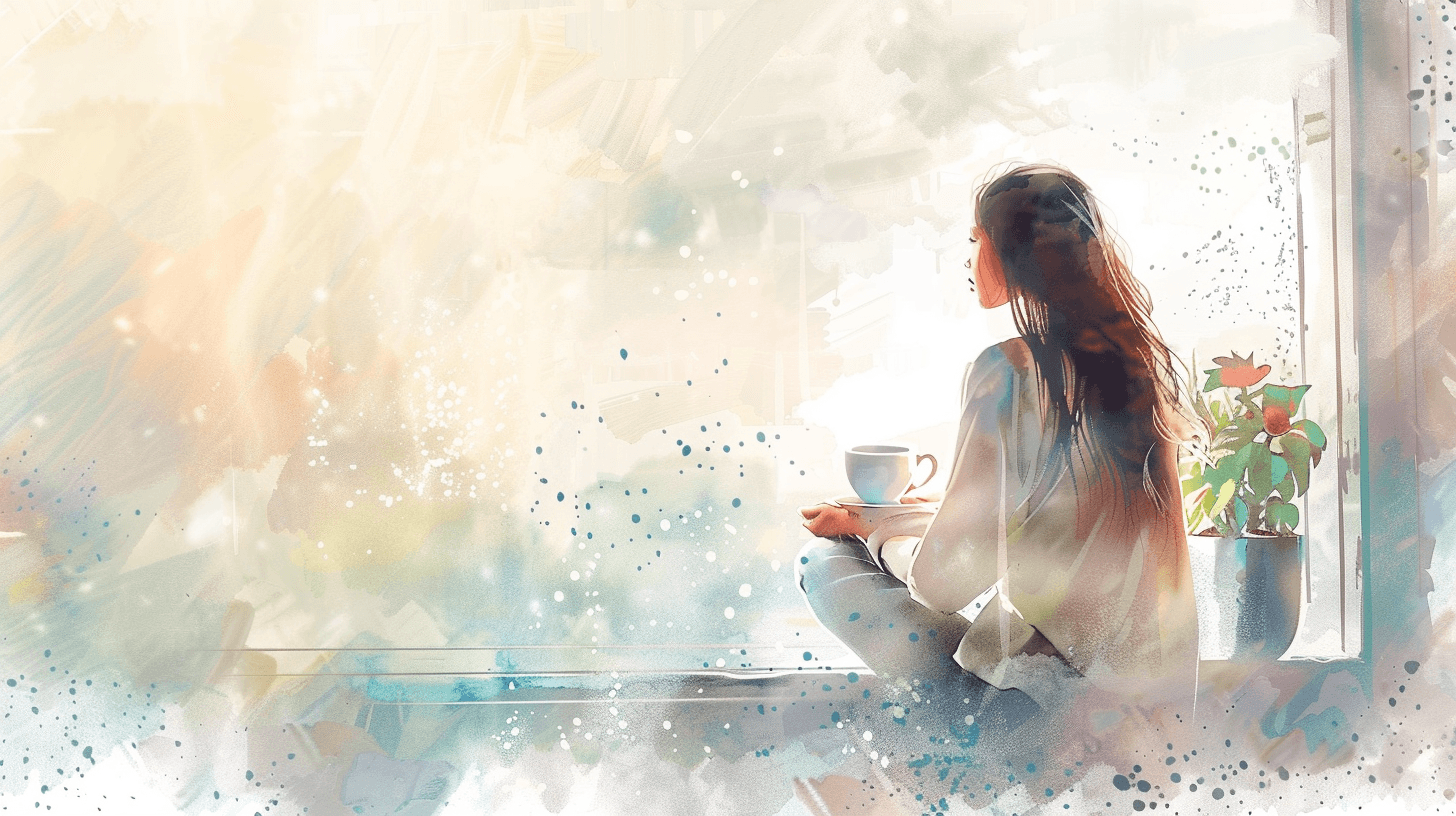 Woman sitting quietly by a window with coffee