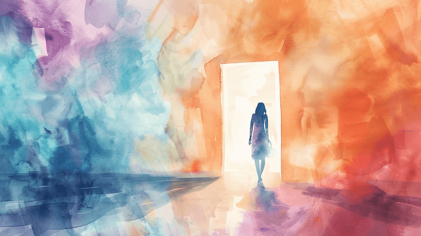 Woman stepping through doorway from darkness into light, symbolizing hope after postpartum depression