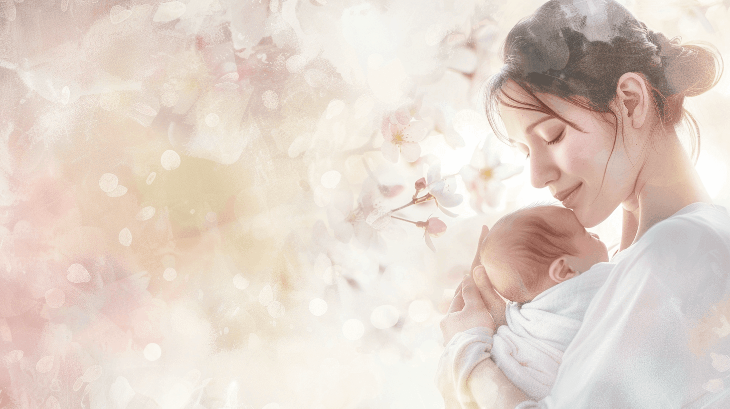 New mother looking thoughtfully out window holding baby - postpartum mental health