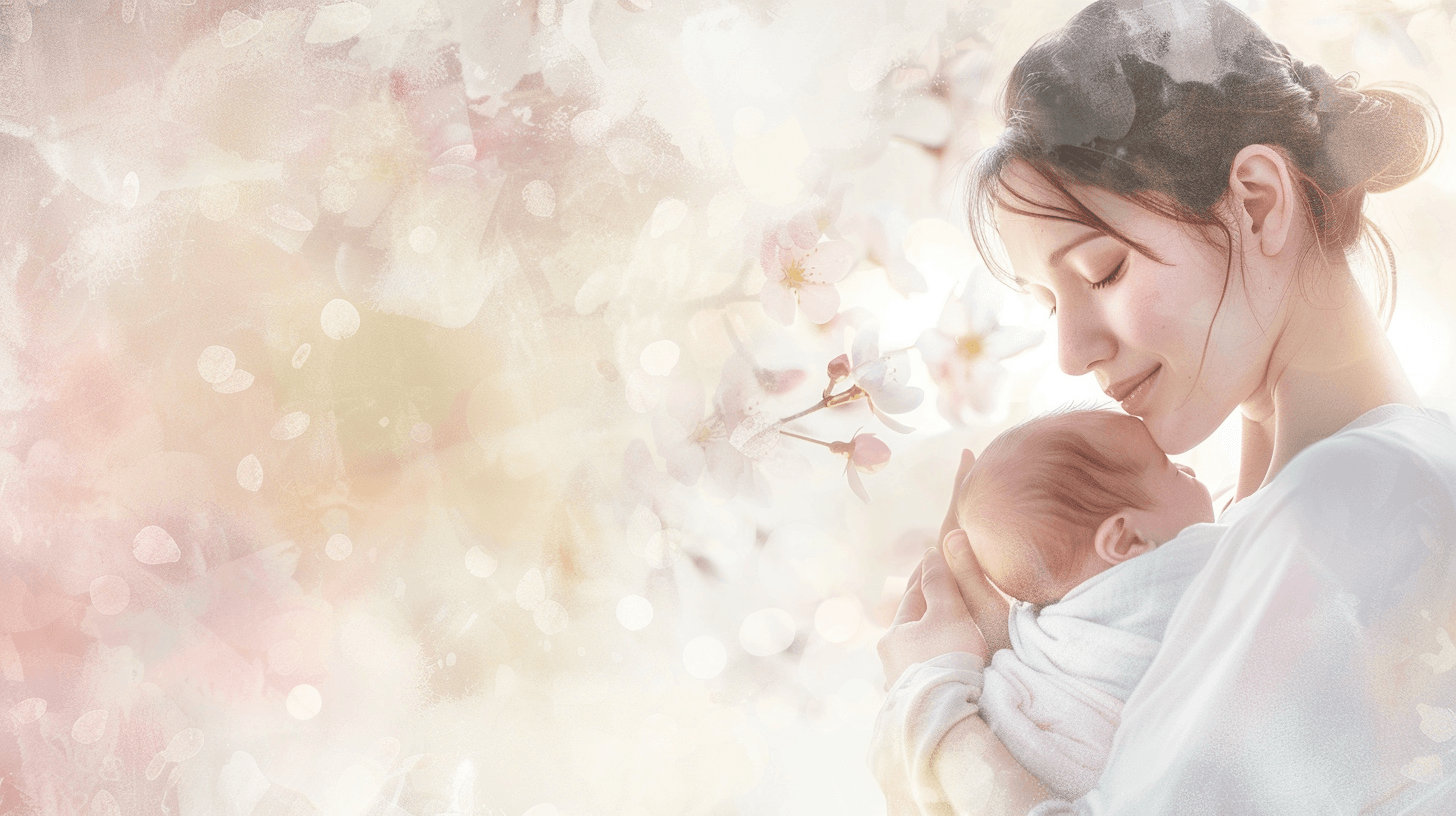 New mother looking thoughtfully out window holding baby - postpartum mental health