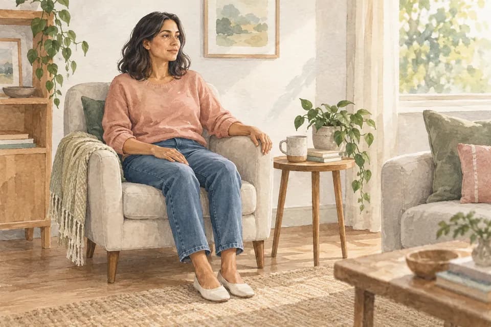 Watercolor of a woman sitting in a quiet, sunlit room