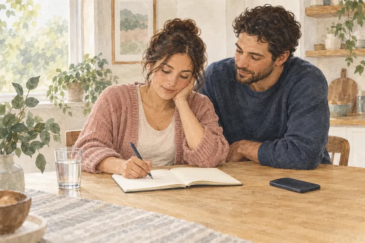Watercolor of a couple at a kitchen table, one writing in a notebook while the other looks on