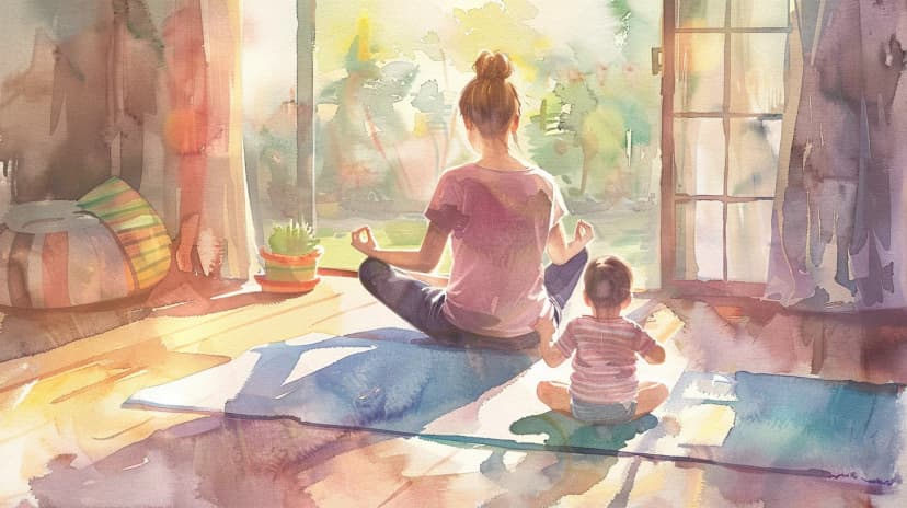 Mom practicing self-care while baby plays nearby