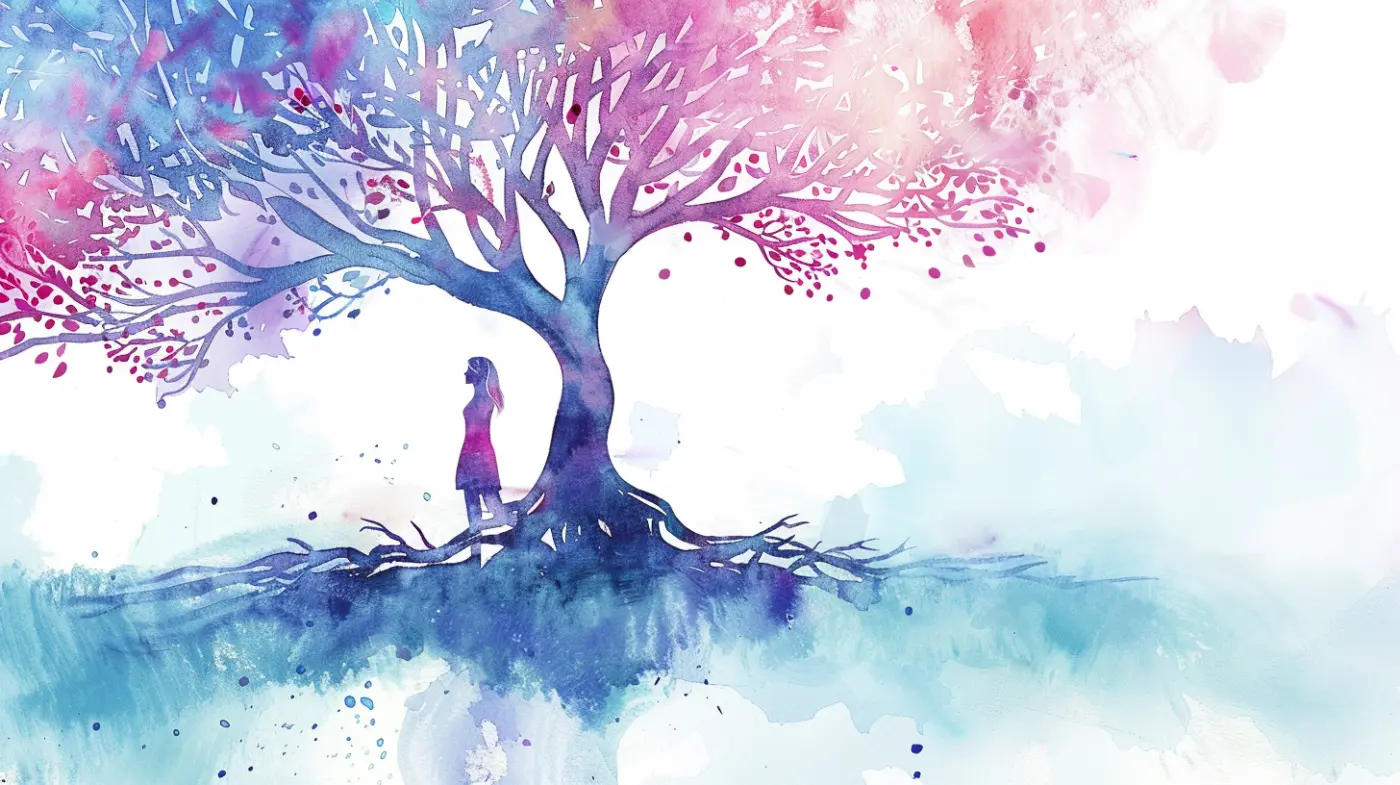 Watercolor of a woman as a tree with strong roots and blooms