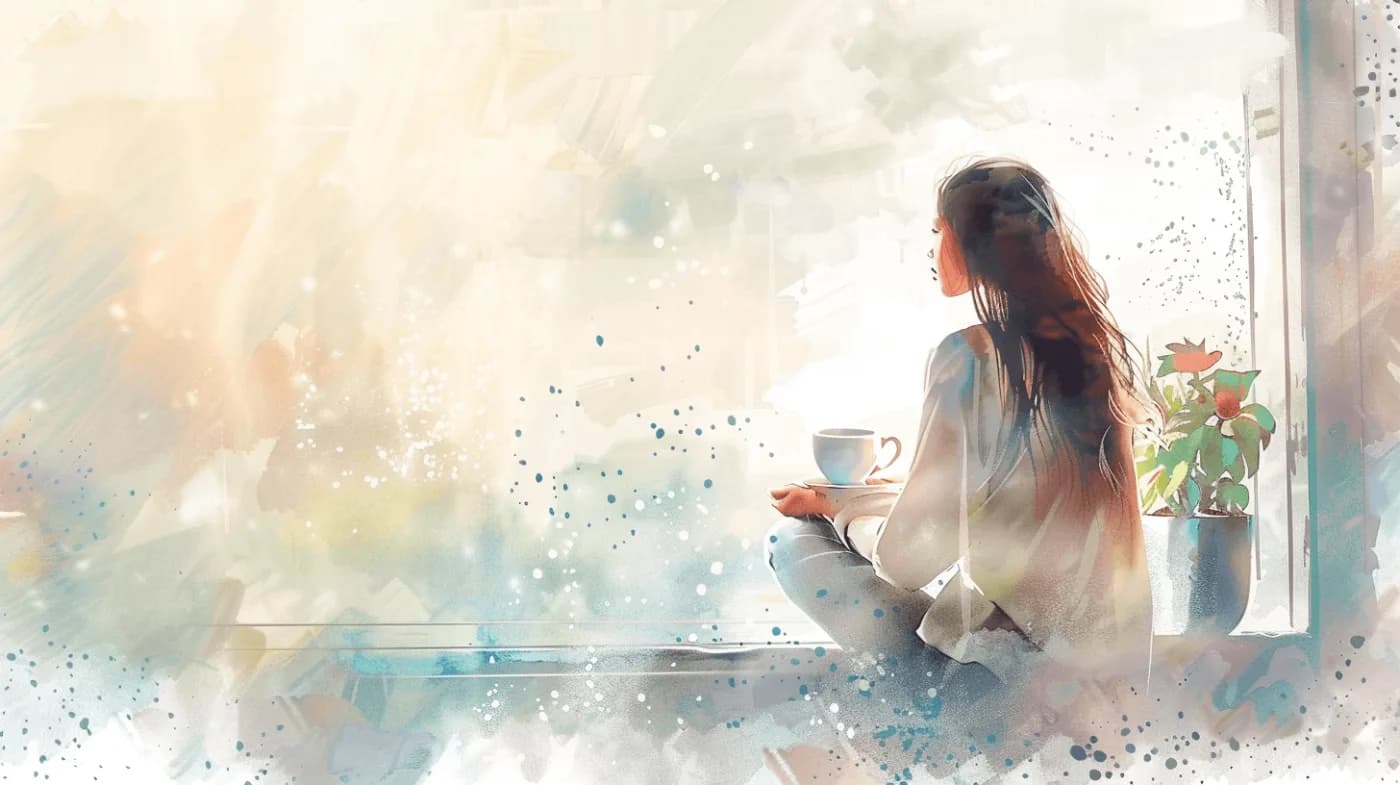 A mother sitting quietly by a rain-streaked window, reflecting on her changing mood