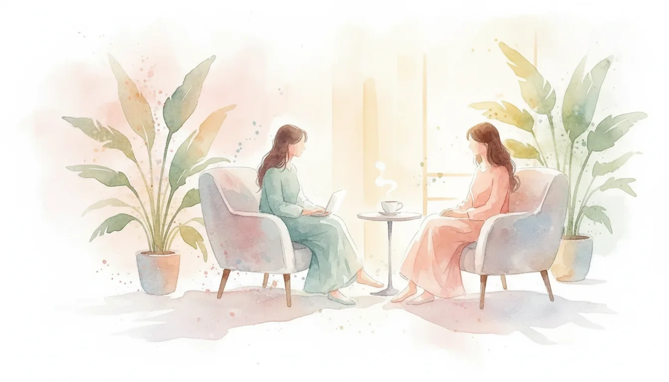 Watercolor illustration of a therapy conversation