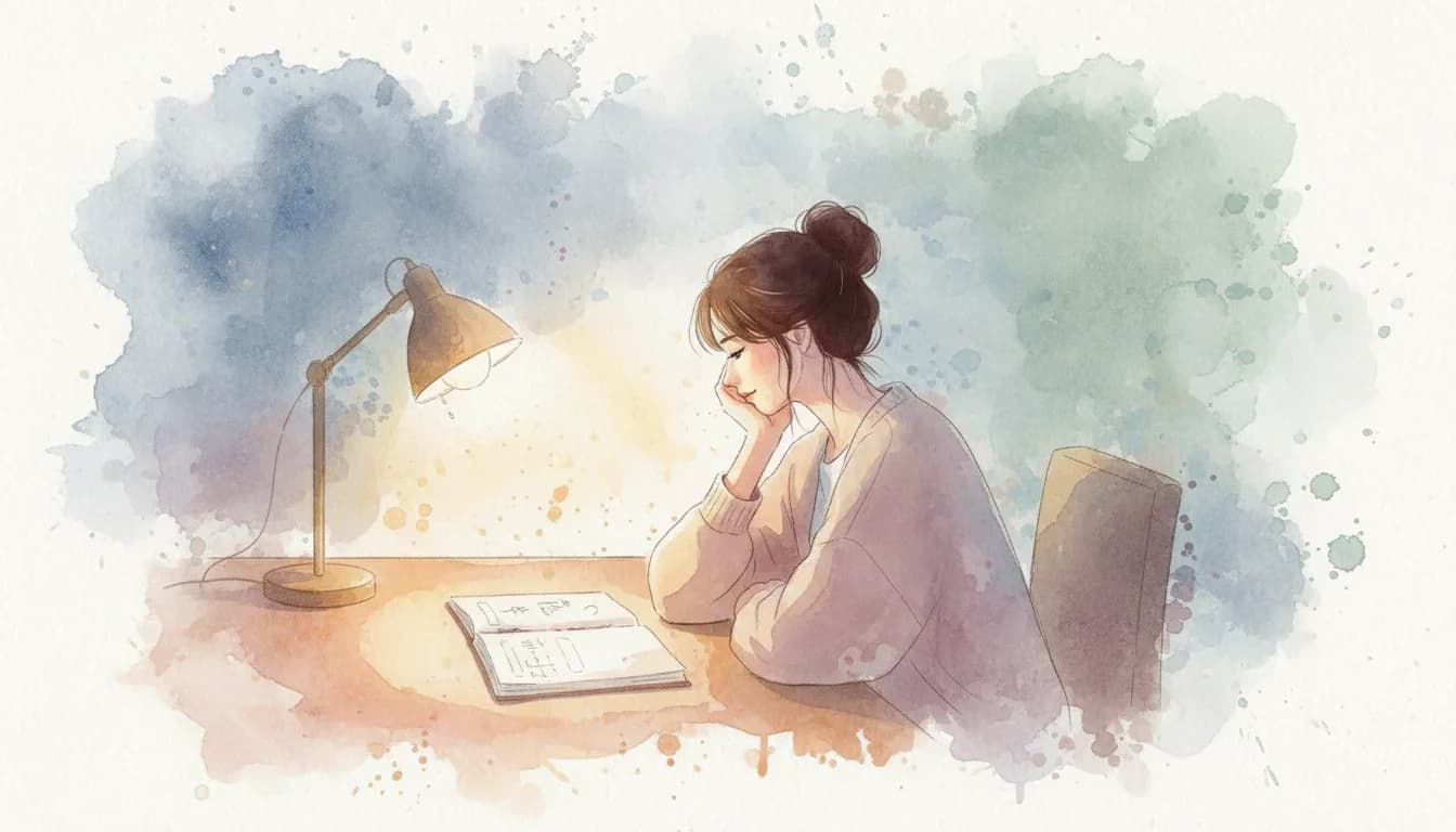Accomplished woman working late by lamplight, composed but visibly exhausted, planner and coffee beside her