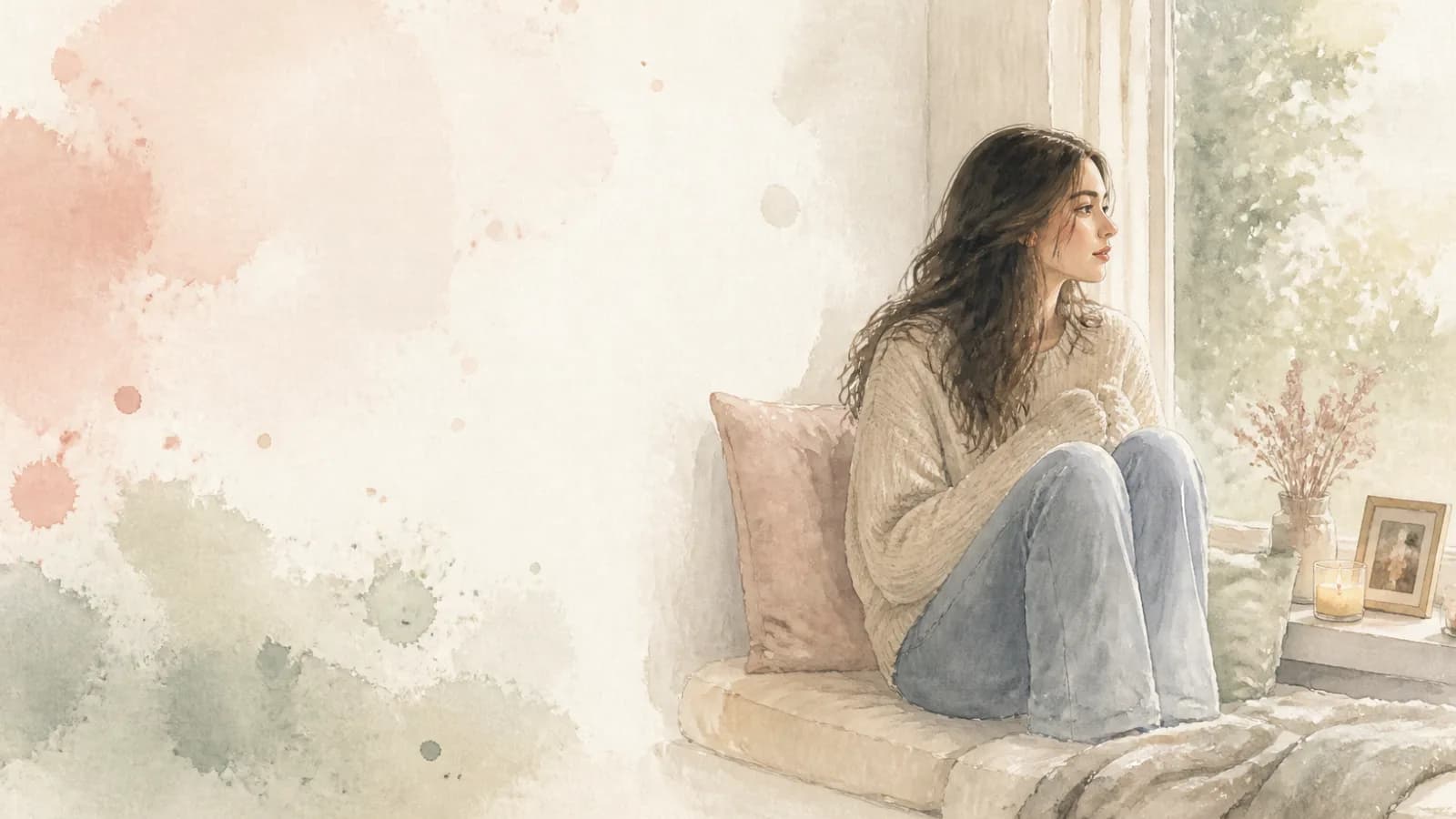 Watercolor of a mom sitting on a window seat in soft morning light, looking outside, with a small framed photo and a lit candle on the windowsill beside her