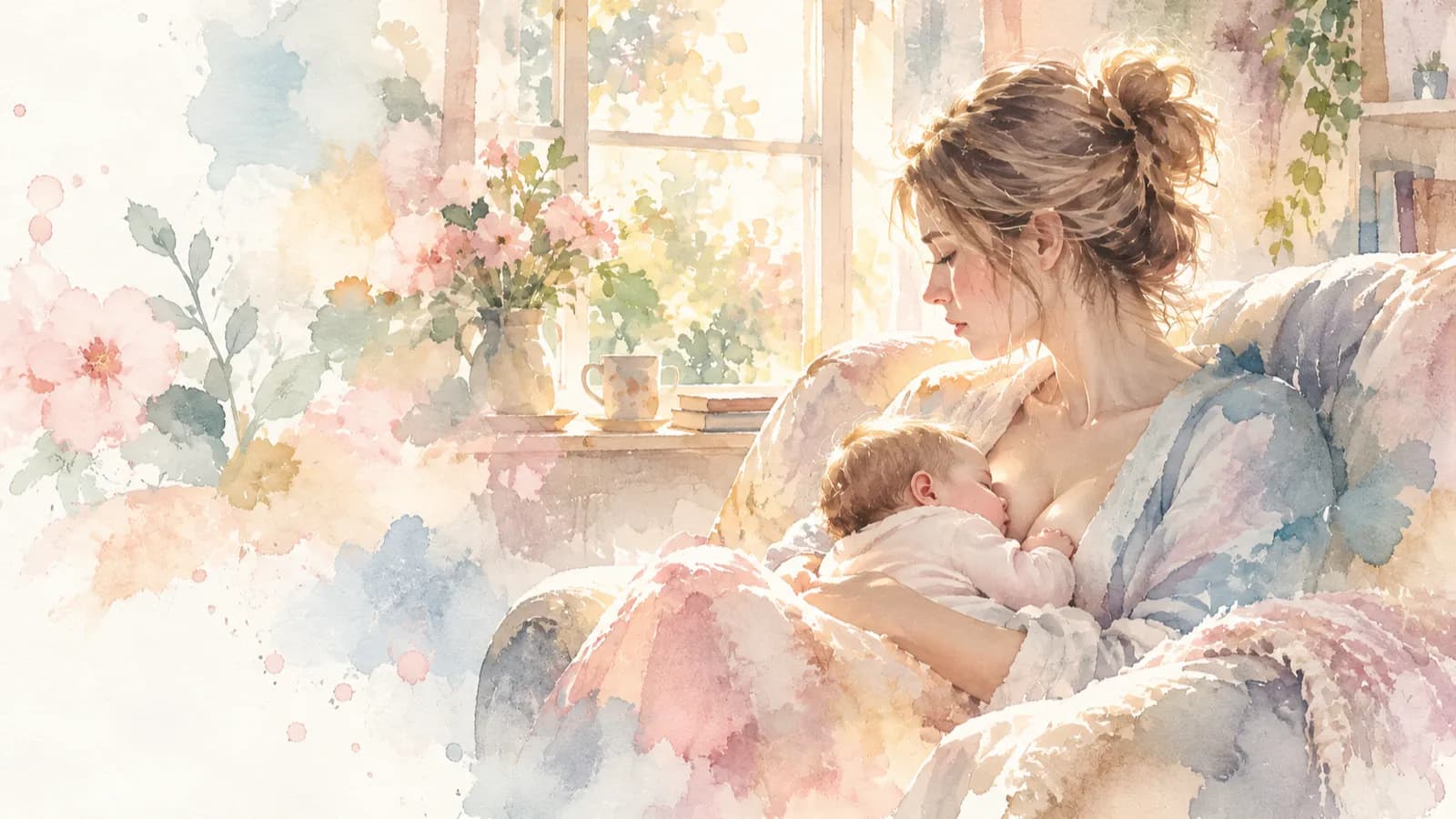 Watercolor of a mother feeding her baby in an armchair, face turned toward the window