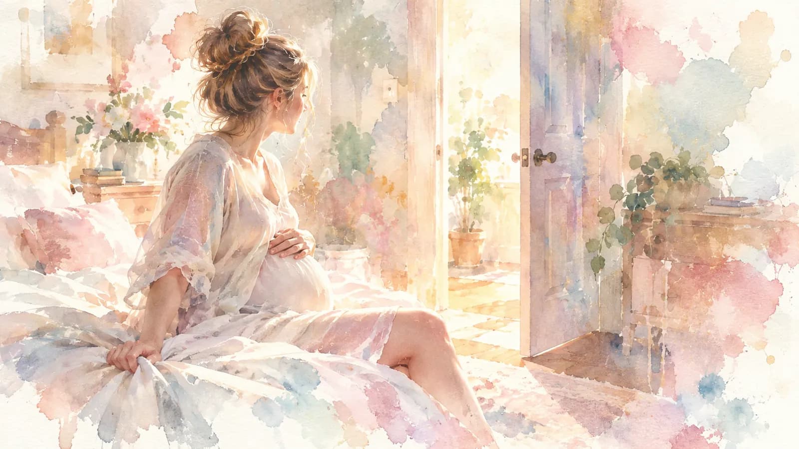 Watercolor of a pregnant woman sitting on the edge of a bed, looking toward a half-open door