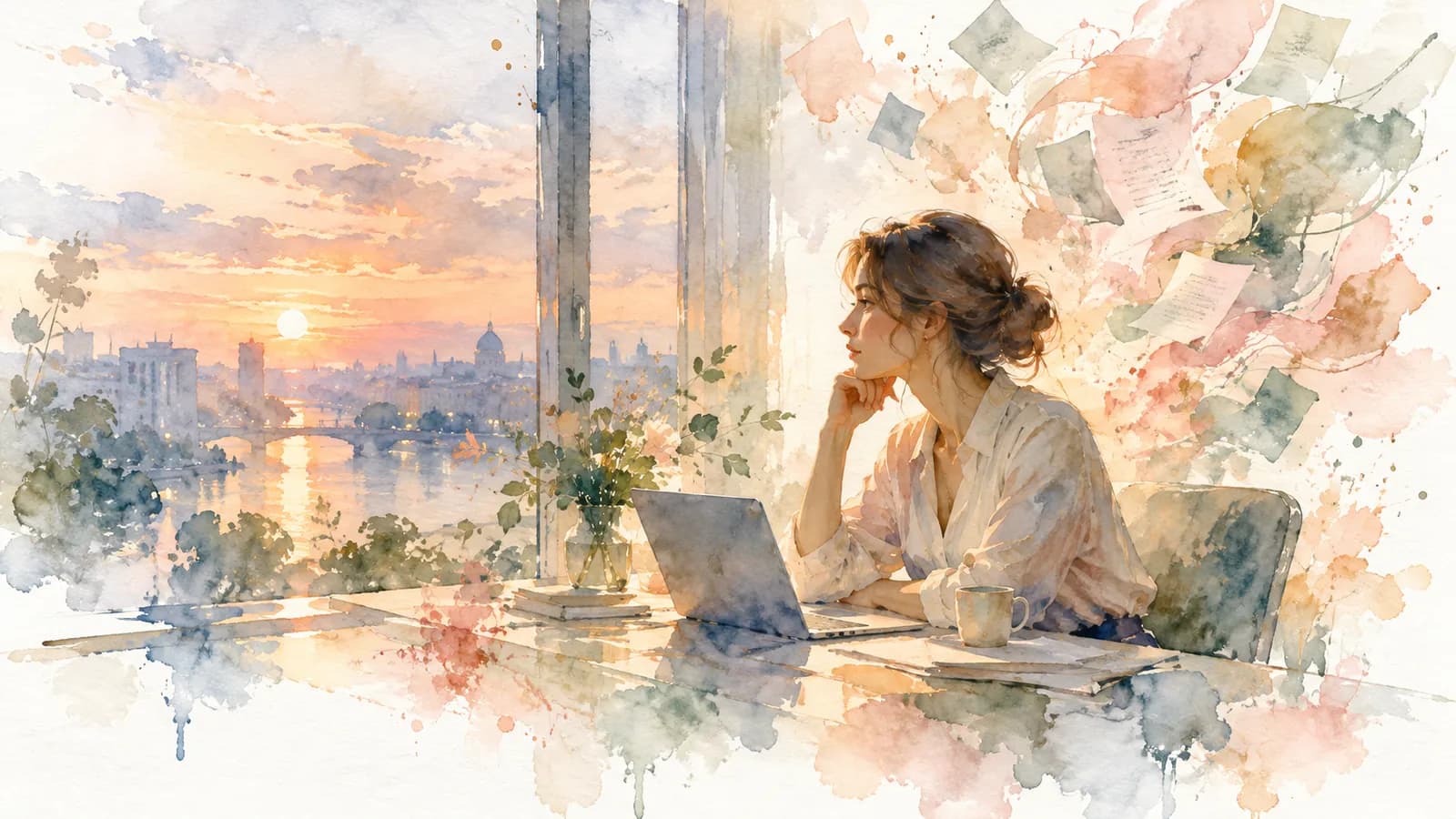 Watercolor of a professional woman at a desk by a window at dusk, soft brushstrokes drifting above her like scattered thoughts