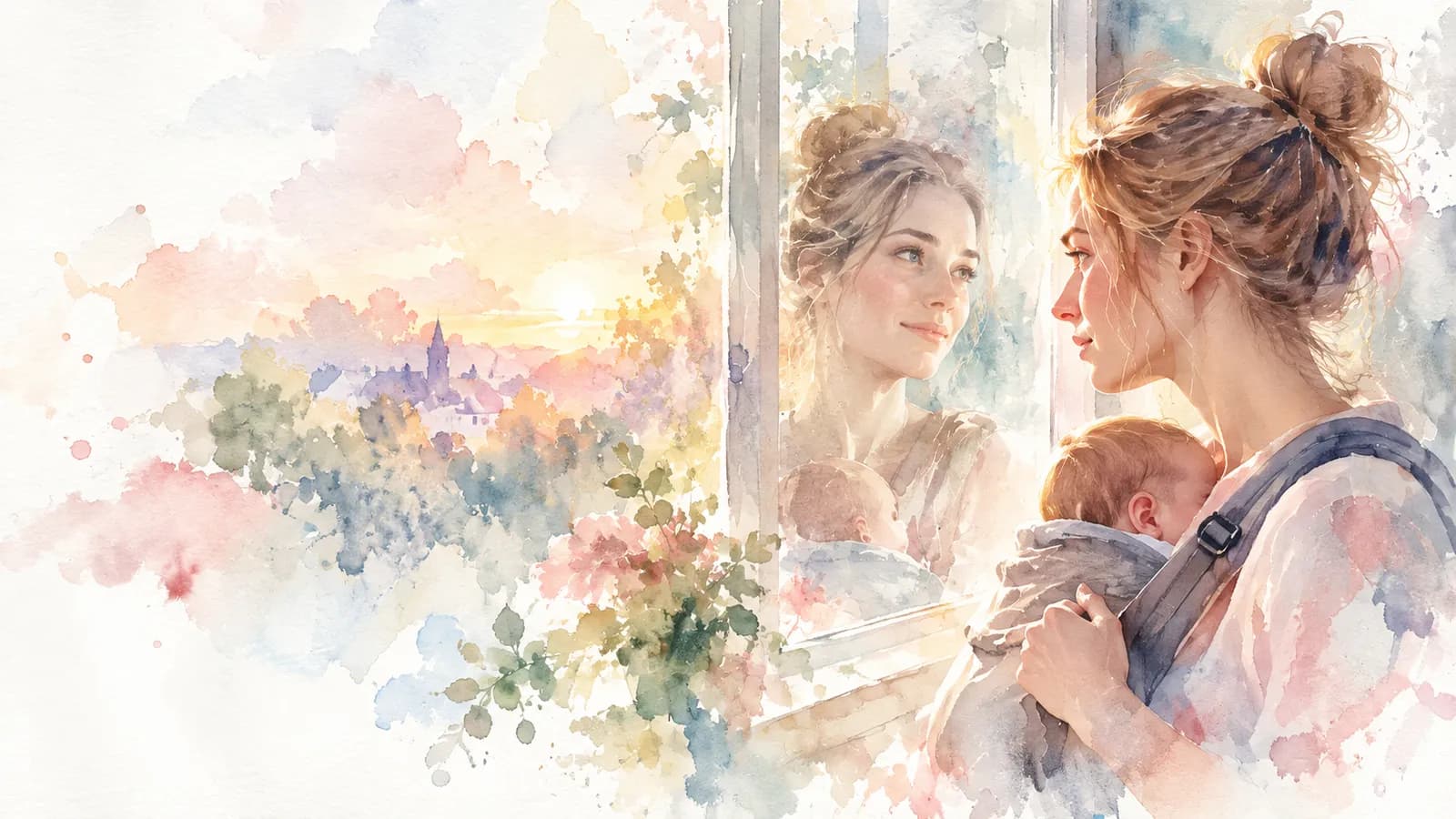 Watercolor of a woman seeing a changed reflection of herself in a dawn window, baby carrier on her shoulder
