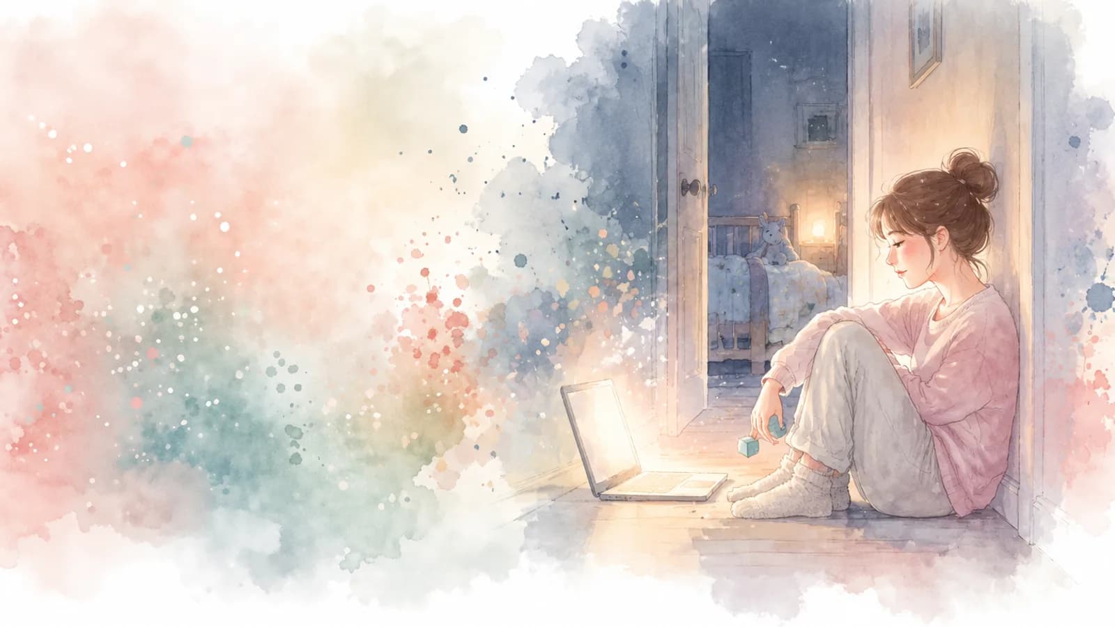 Watercolor of a mom sitting on the hallway floor outside her child's bedroom at night, a laptop glowing beside her and a toy block in her hand