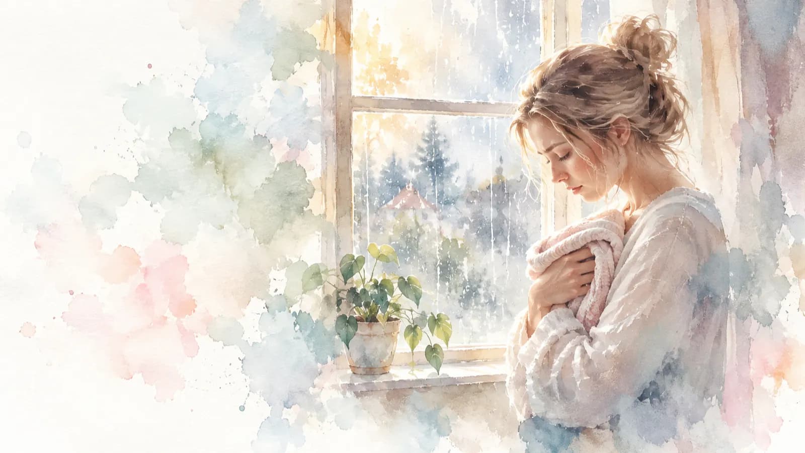 Watercolor of a woman at a rainy window holding a small folded blanket