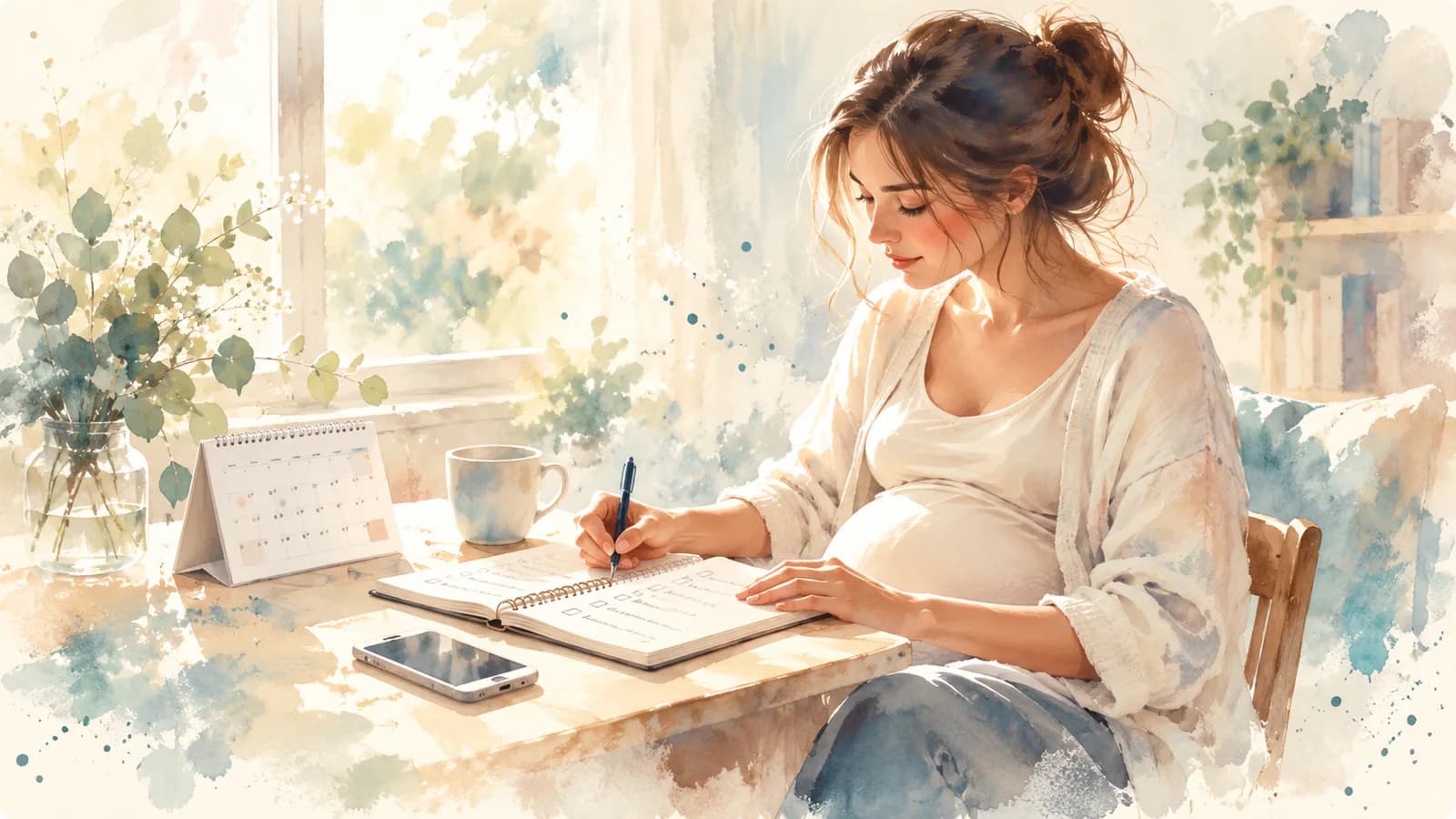 Watercolor of a pregnant woman writing a plan in a notebook at a table with a calendar beside her