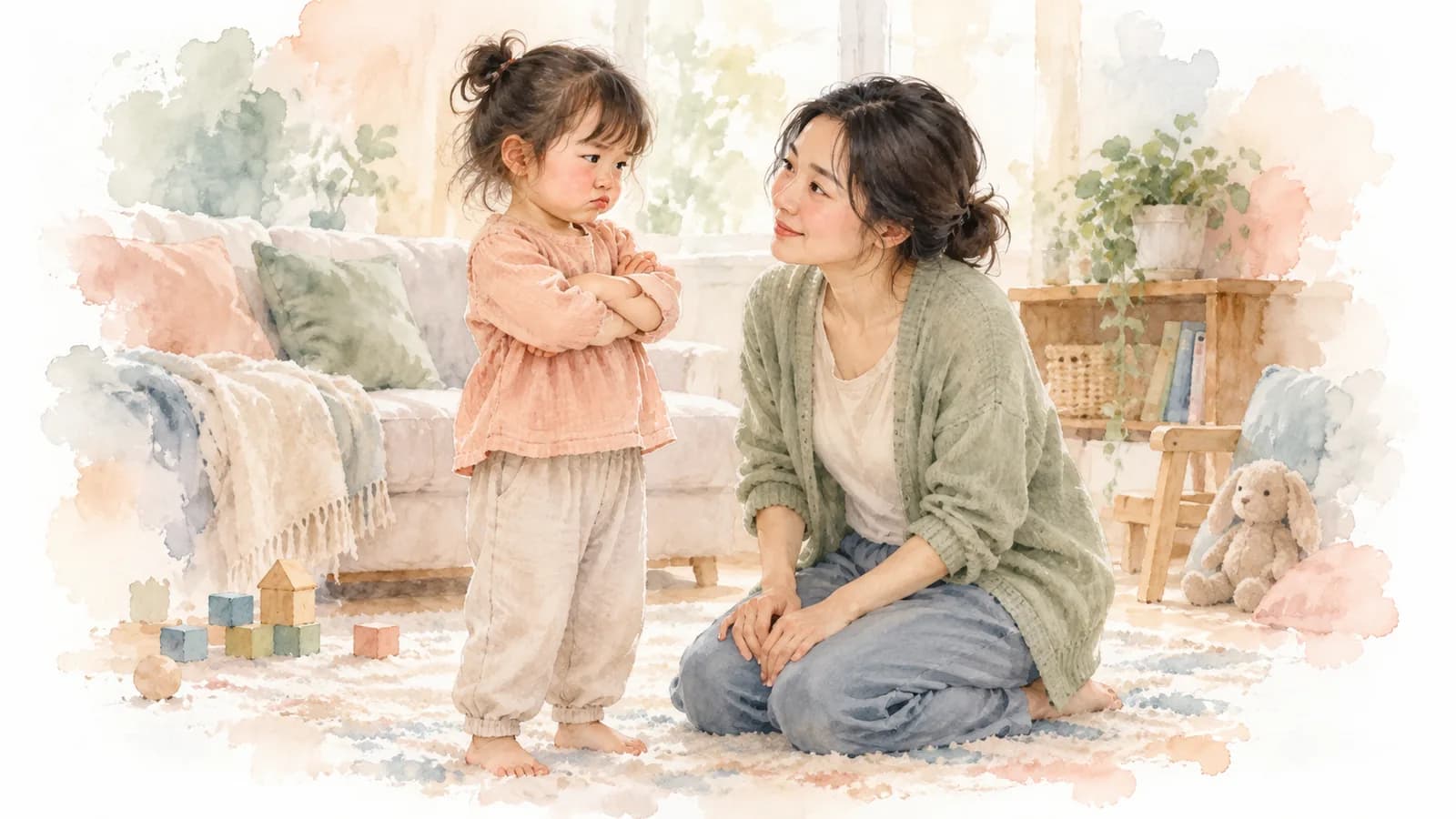 Watercolor of a toddler standing with arms crossed while her mom kneels at eye level with a gentle smile