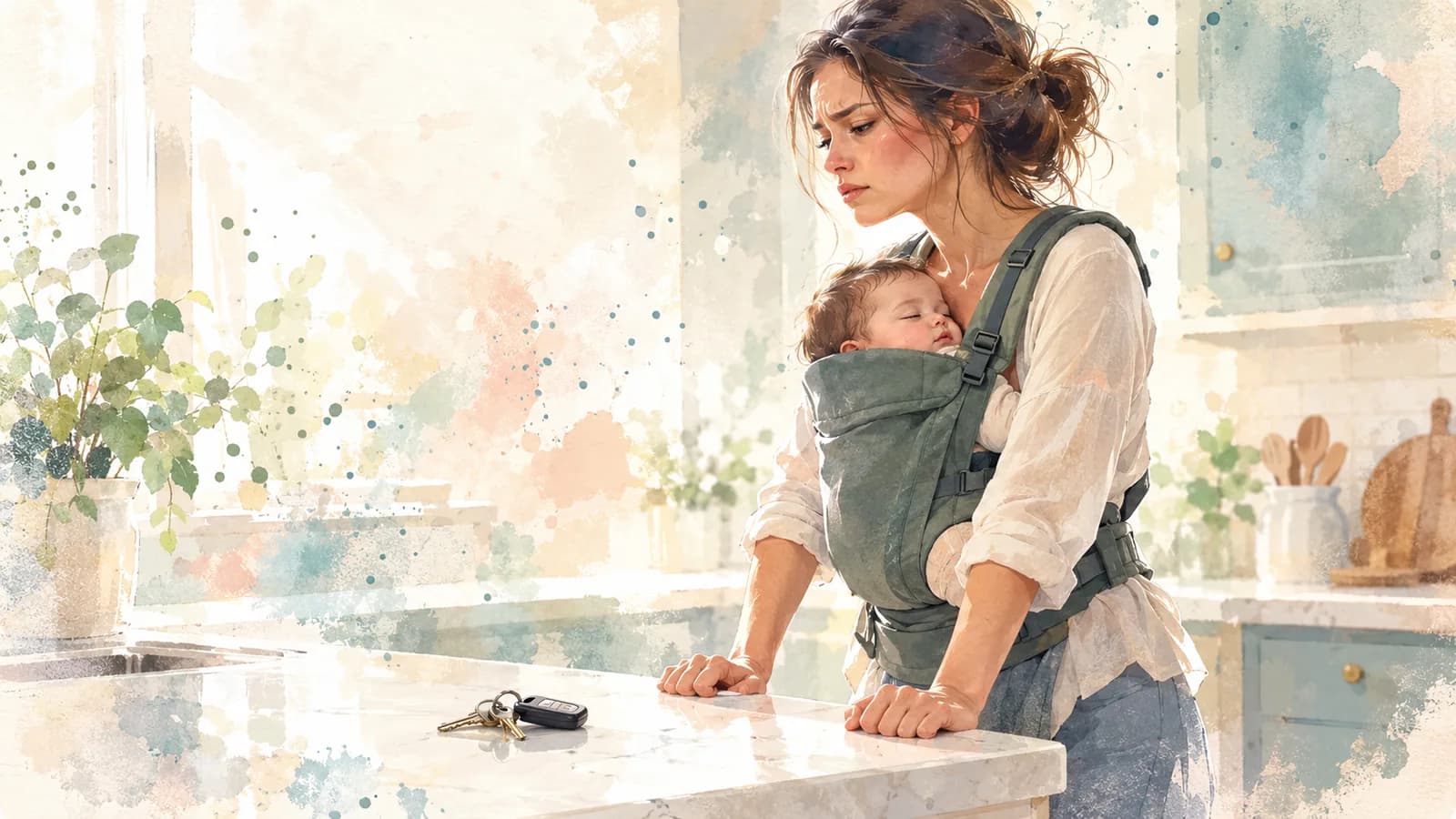 Watercolor of a frustrated mom gripping the kitchen counter with her baby asleep in a carrier on her chest, keys tossed nearby