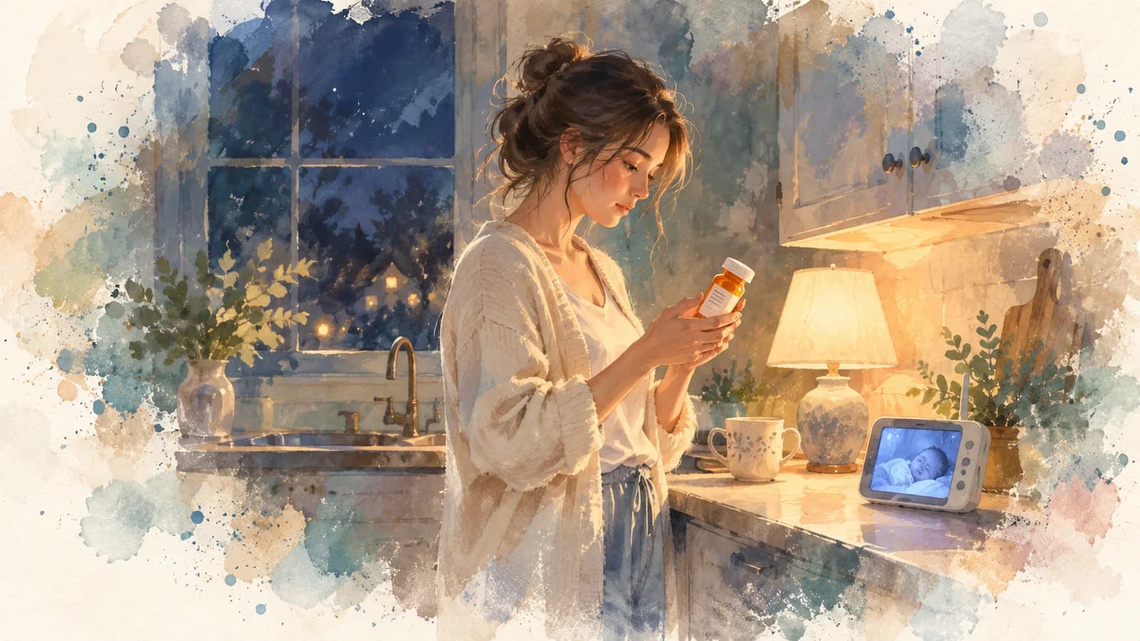 Watercolor of a mom in her kitchen at night reading the label on a prescription bottle, a baby monitor glowing on the counter