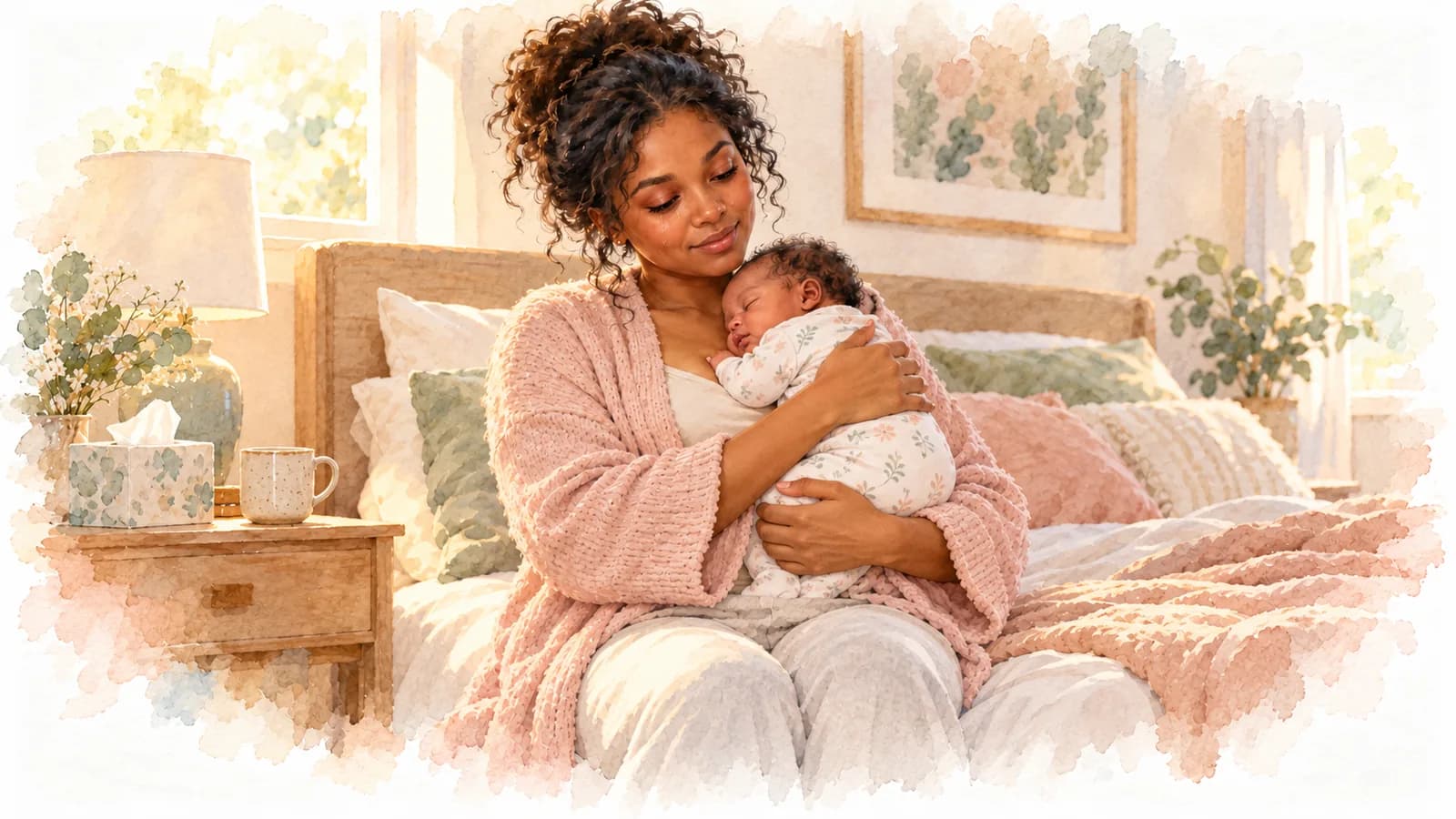 Watercolor of a mom sitting on her bed in the morning, cradling her sleeping newborn, with tissues and a mug on the nightstand