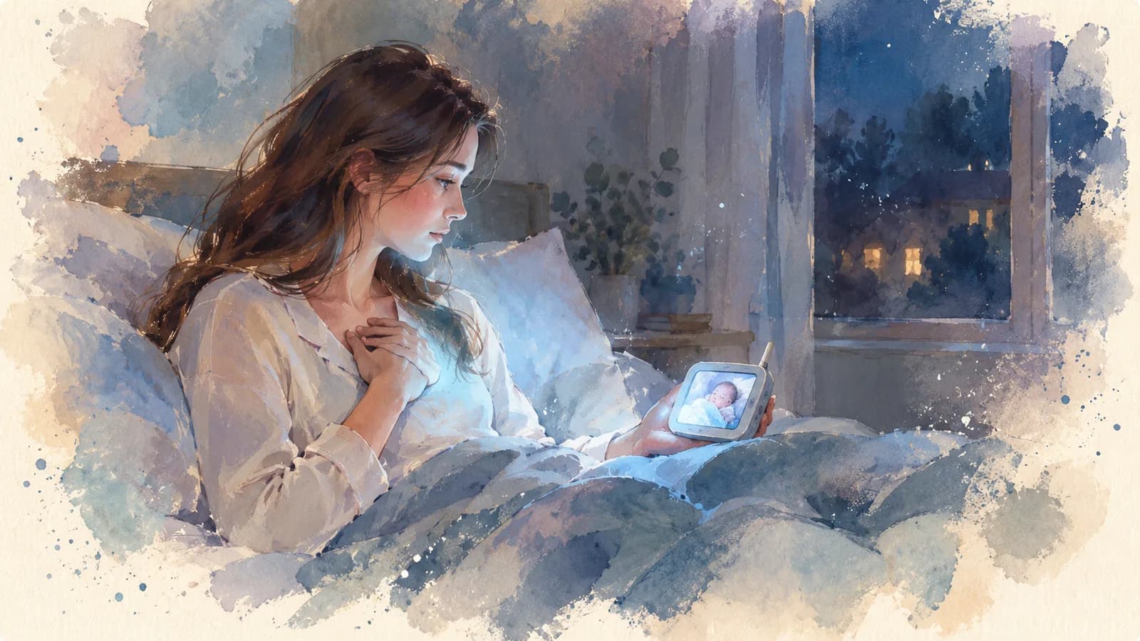 Watercolor of a mom awake in bed at night, one hand on her chest, watching the glow of a baby monitor