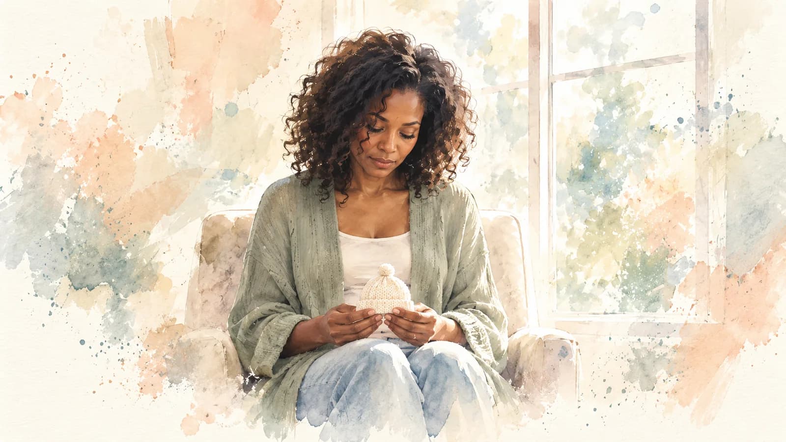 Watercolor of a woman sitting by a window holding a small knitted baby hat