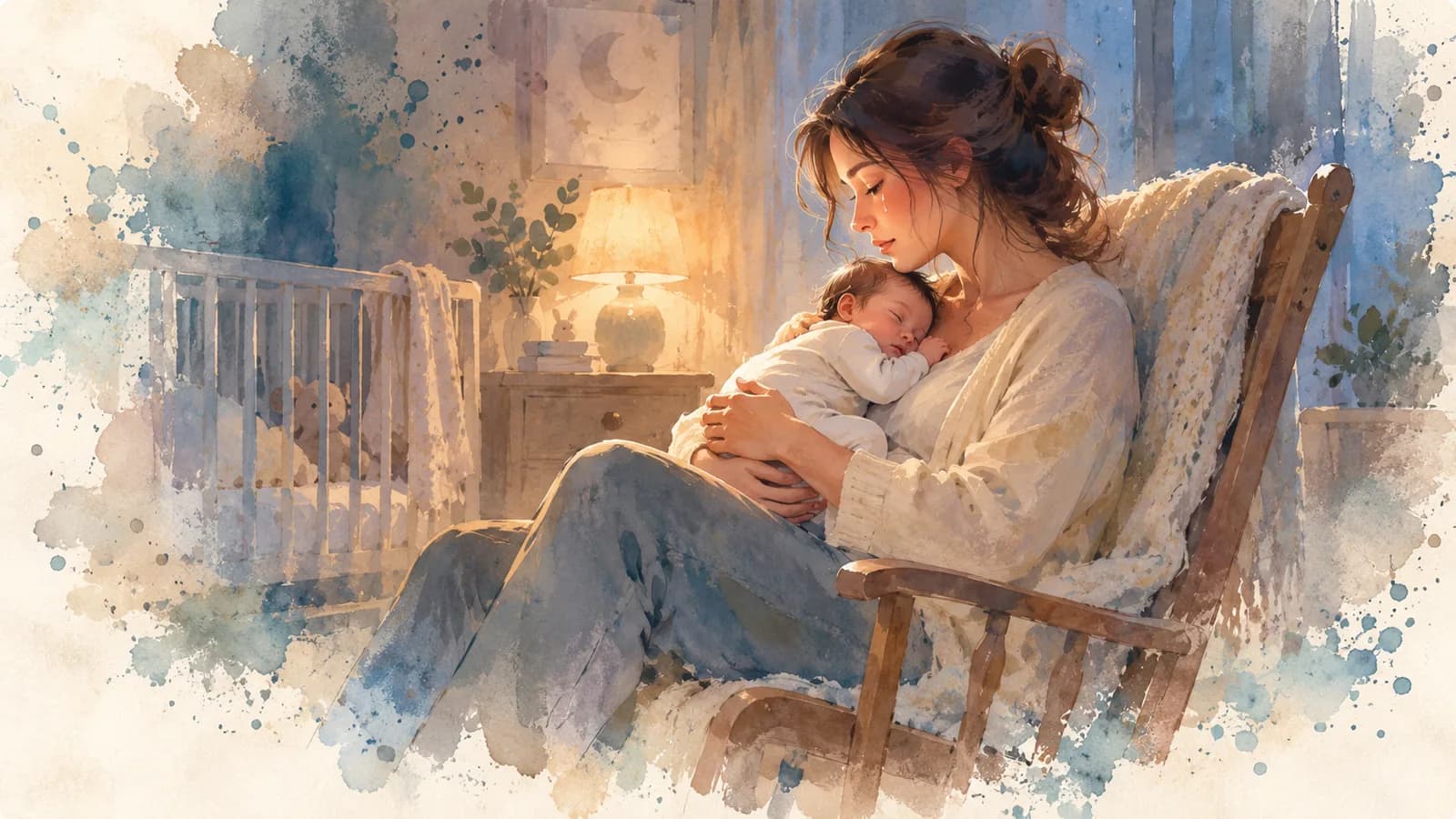 Watercolor of a mom in a rocking chair in a dim nursery, holding her sleeping newborn close