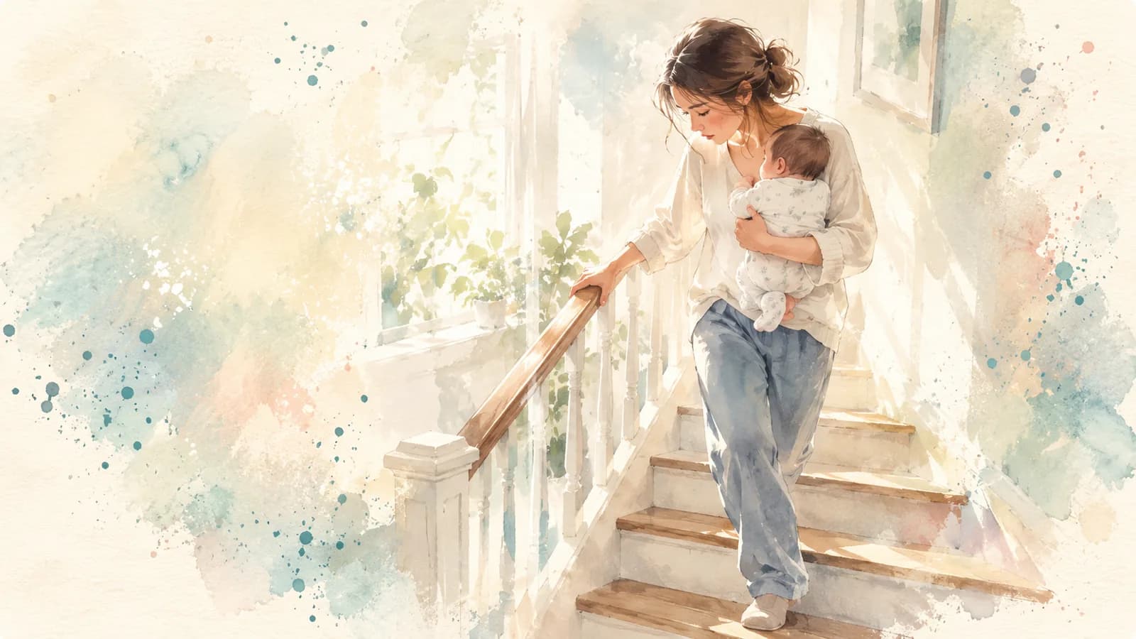 Watercolor of a mom carrying her baby down the stairs, holding the railing