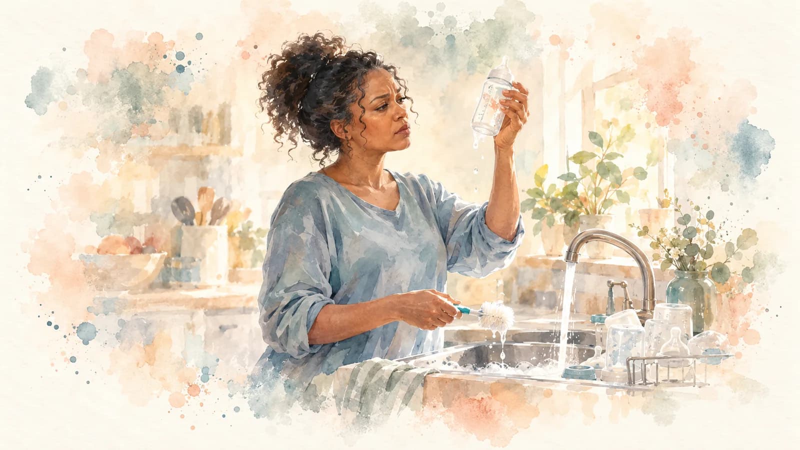 Watercolor of a mom at the kitchen sink holding up a baby bottle to check it