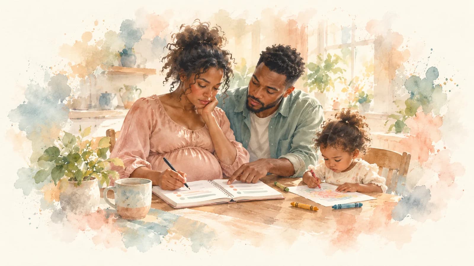 Watercolor of a pregnant mom and her partner writing a plan at the table while their toddler colors beside them