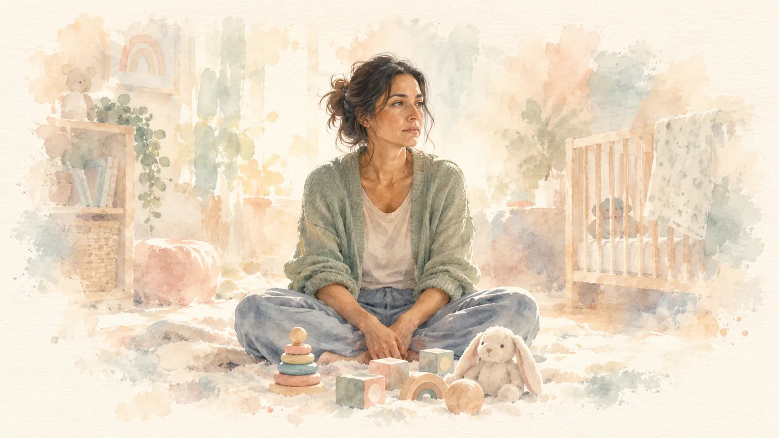 Watercolor of a mom sitting quietly on the nursery floor among baby toys, looking out into the distance