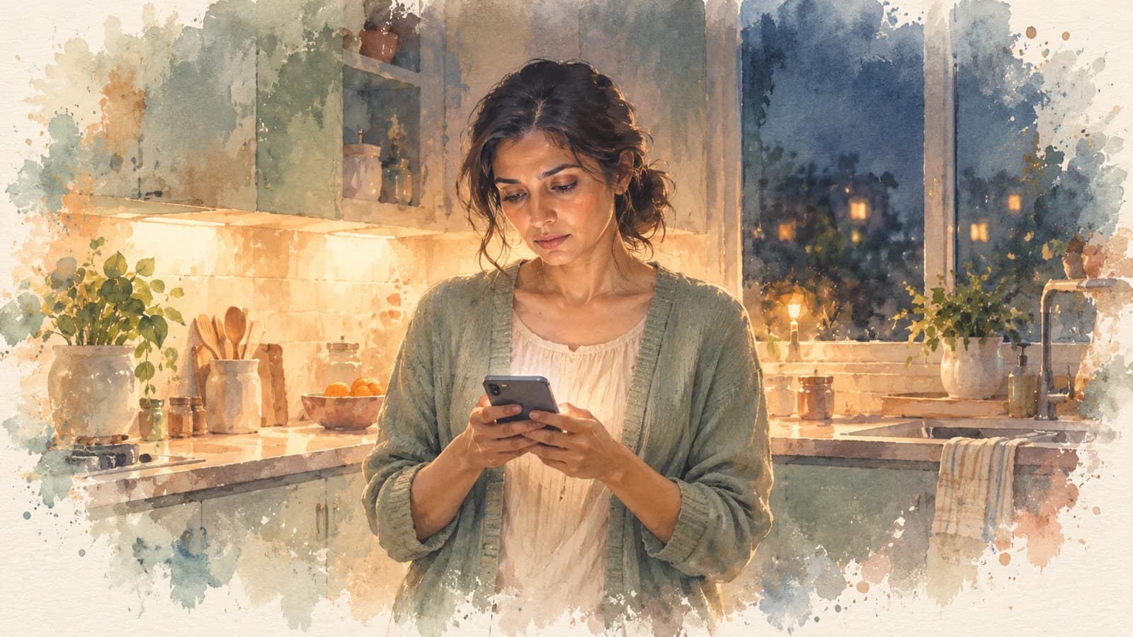 Watercolor of a mom standing in her kitchen at night, looking down at her phone