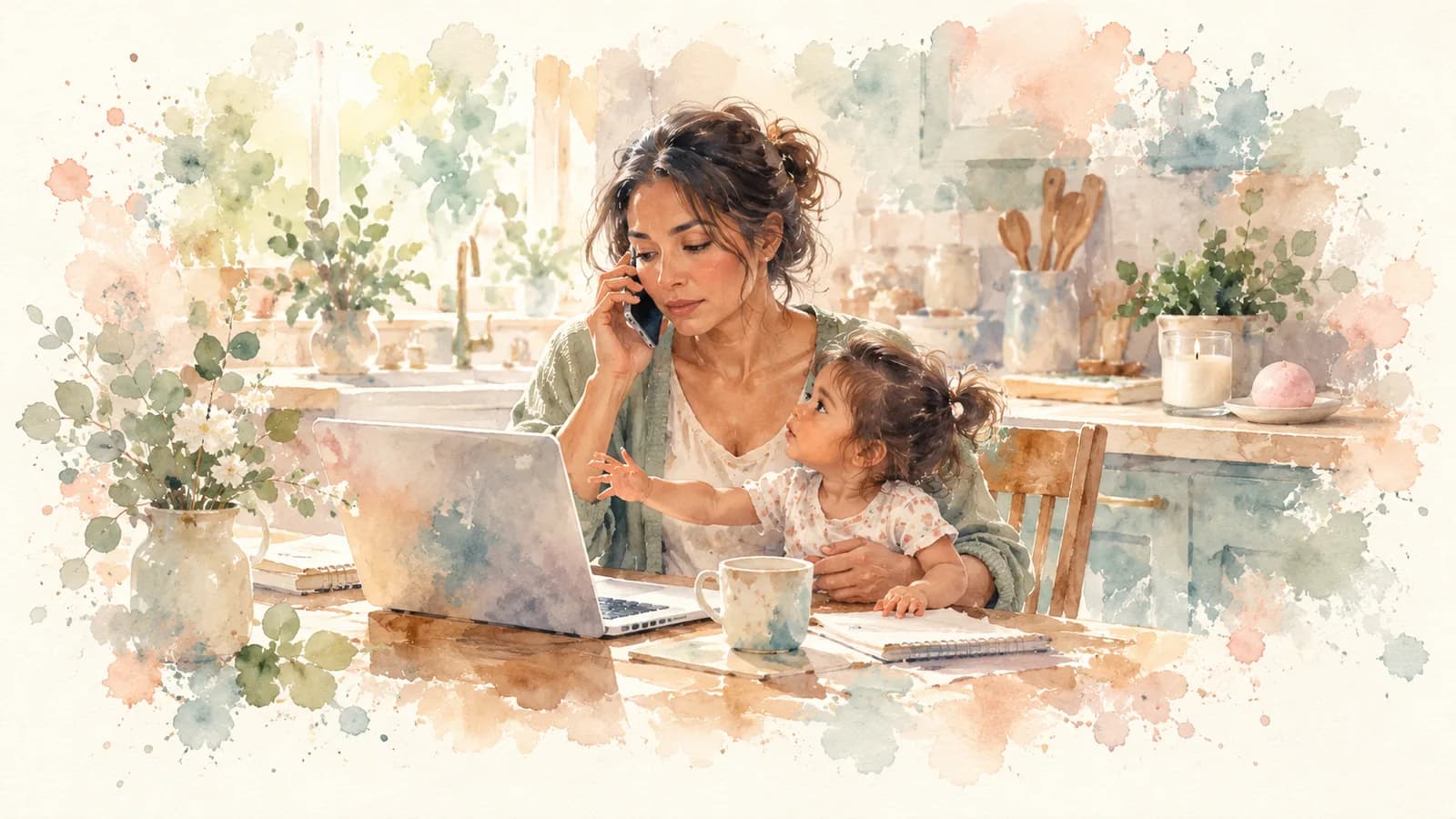 Watercolor of a busy mom at the kitchen table on the phone, with a laptop open and her toddler on her lap